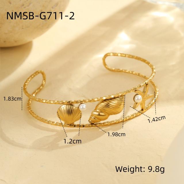 Hollow out starfish shell pearl stainless steel cuff bangle