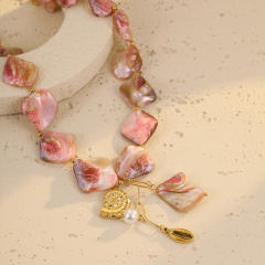 Beach style pink shell beaded stainless steel conch pearl pendant necklace