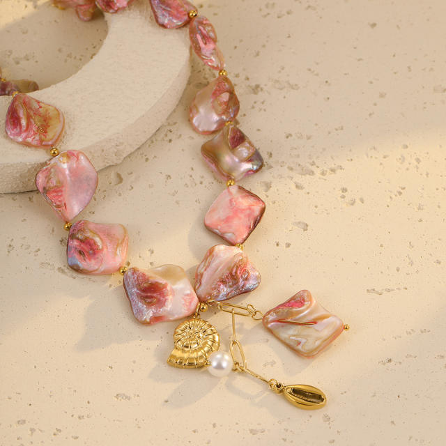 Beach style pink shell beaded stainless steel conch pearl pendant necklace