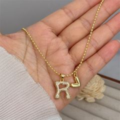 Diamond initial letter heart charm gold plated copper necklace