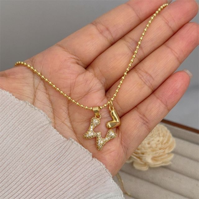 Diamond initial letter heart charm gold plated copper necklace