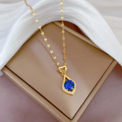 Sweet eye shape blue pink cubic zircon pendant stainless steel chain necklace earrings set