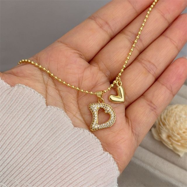 Diamond initial letter heart charm gold plated copper necklace