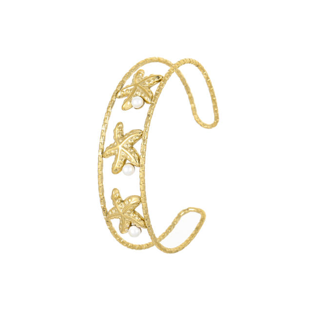 Hollow out starfish shell pearl stainless steel cuff bangle