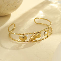Hollow out starfish shell pearl stainless steel cuff bangle