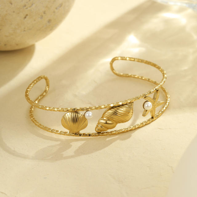 Hollow out starfish shell pearl stainless steel cuff bangle