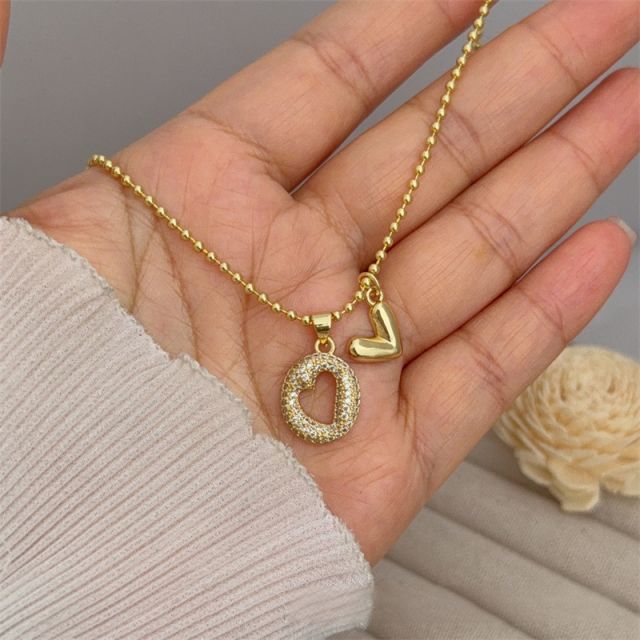 Diamond initial letter heart charm gold plated copper necklace