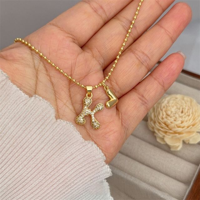 Diamond initial letter heart charm gold plated copper necklace