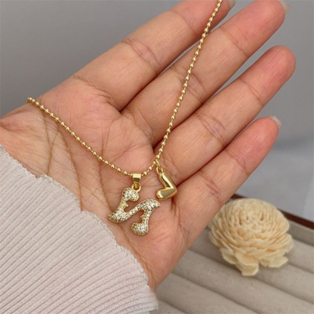 Diamond initial letter heart charm gold plated copper necklace