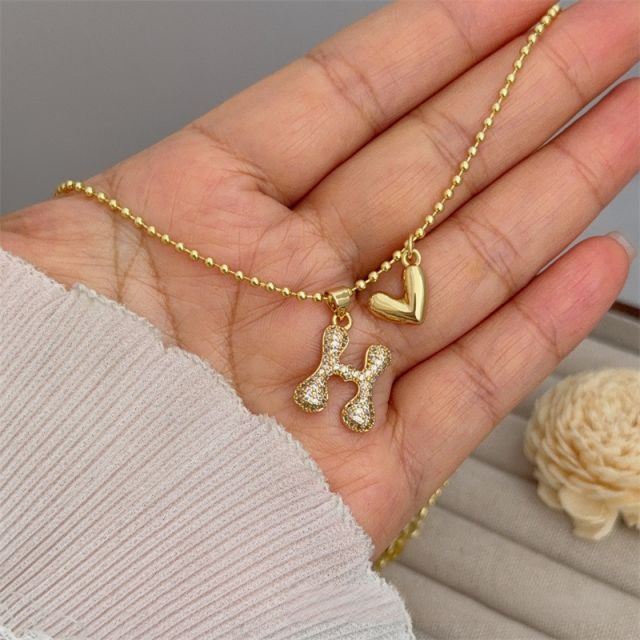 Diamond initial letter heart charm gold plated copper necklace