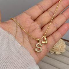Diamond initial letter heart charm gold plated copper necklace