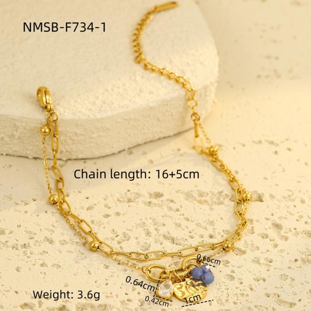 Boho coin cubic zircon charm stainless steel bracelet chain bracelet