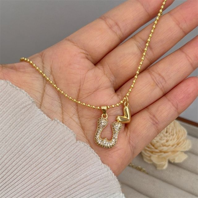Diamond initial letter heart charm gold plated copper necklace