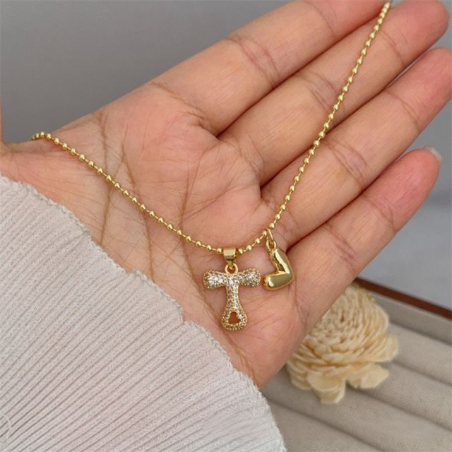 Diamond initial letter heart charm gold plated copper necklace