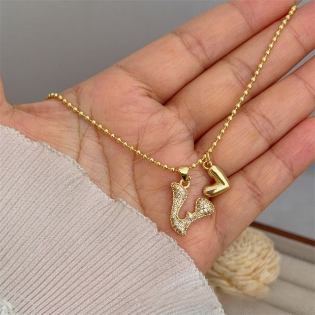 Diamond initial letter heart charm gold plated copper necklace