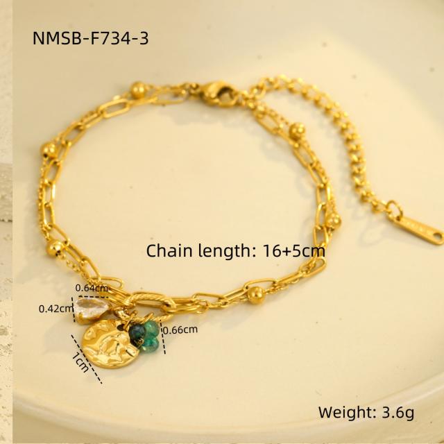Boho coin cubic zircon charm stainless steel bracelet chain bracelet