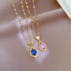 Sweet eye shape blue pink cubic zircon pendant stainless steel chain necklace earrings set