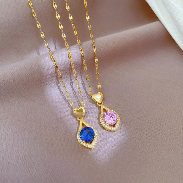 Sweet eye shape blue pink cubic zircon pendant stainless steel chain necklace earrings set