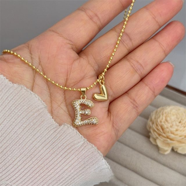 Diamond initial letter heart charm gold plated copper necklace