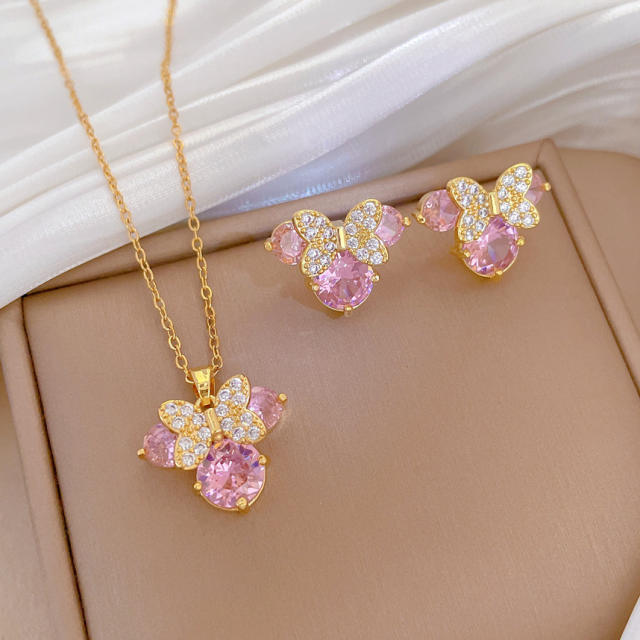 Sweet pink cubic zircon mickey head pendant stainless steel chain necklace earrings set