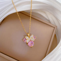 Sweet pink cubic zircon mickey head pendant stainless steel chain necklace earrings set