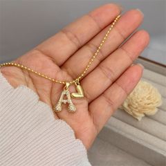 Diamond initial letter heart charm gold plated copper necklace