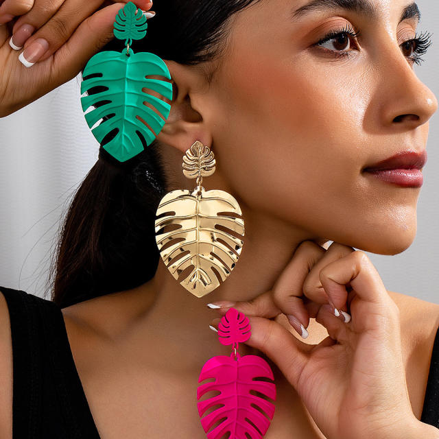 Personality Punk Metal Exaggerated Hollow Oversized Leaves Women's Earrings
