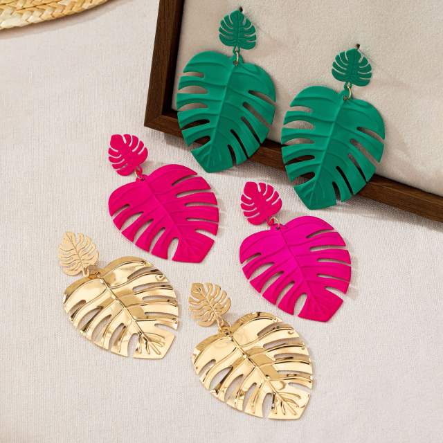 Personality Punk Metal Exaggerated Hollow Oversized Leaves Women's Earrings