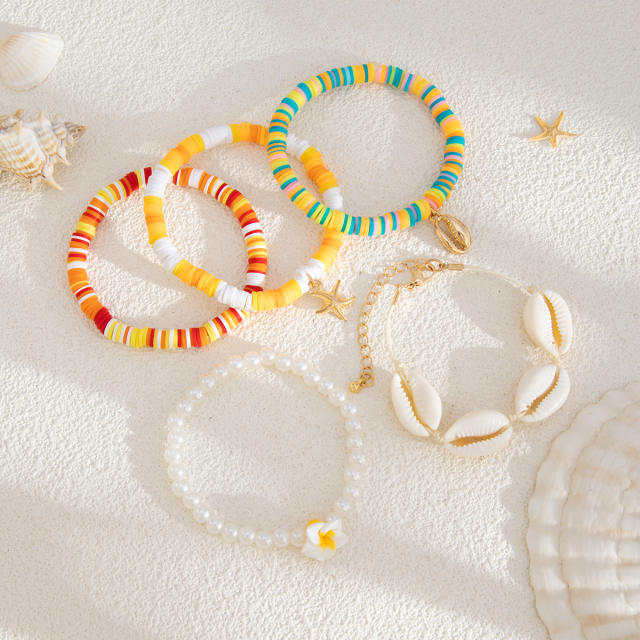 Bohemian Soft Pottery Egg Flower Bracelet Vacation Starfish Shell Alloy Pendant Bracelet
