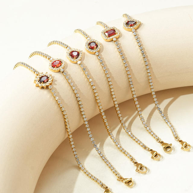 Geometric ruby cubic zircon tennis chain bracelet stainless steel bracelet