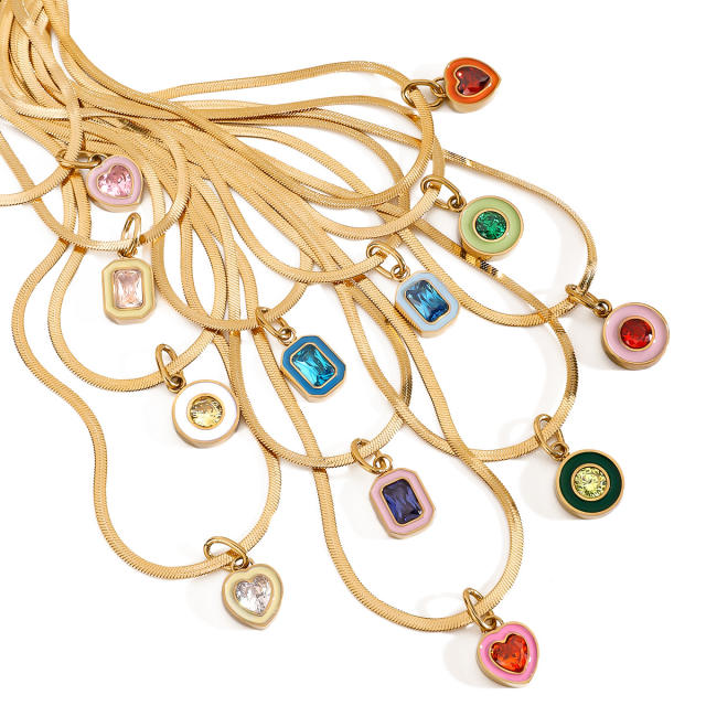 Colorful enamel diamond pendant stainless steel necklace
