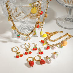 Spring summer color enamel strawberry peach sweet stainless steel necklace earrings collection
