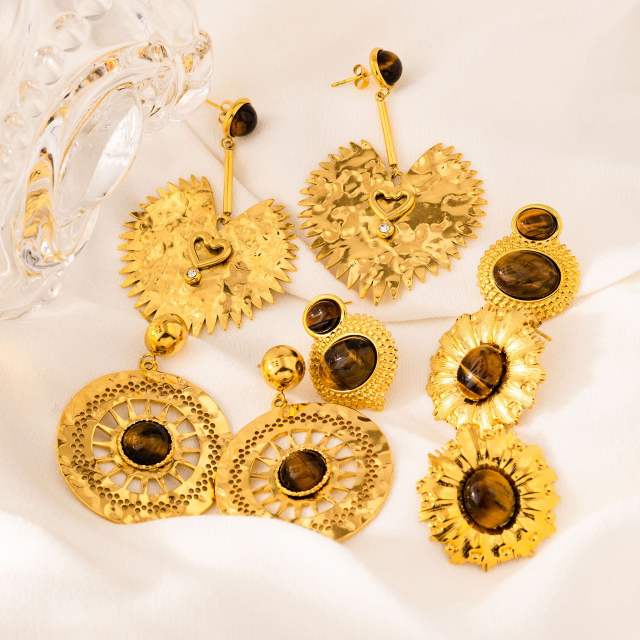 18k gold hemisphere inlaid tiger eye stone love pendant stainless steel earrings