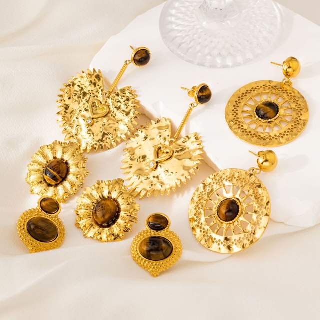 Vintage French natural stone flower titanium steel earrings tiger eye stone large earrings