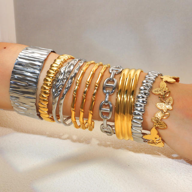 Stainless Steel Titanium Plated 18K Gold Heavy Industry Exaggerated Cuff bangle