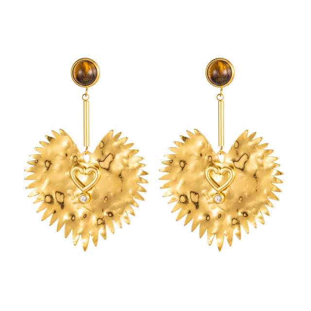 18k gold hemisphere inlaid tiger eye stone love pendant stainless steel earrings