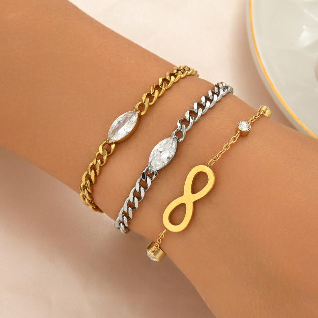 Elegant oval shape diamond infinity symbol stainless steel bracelet