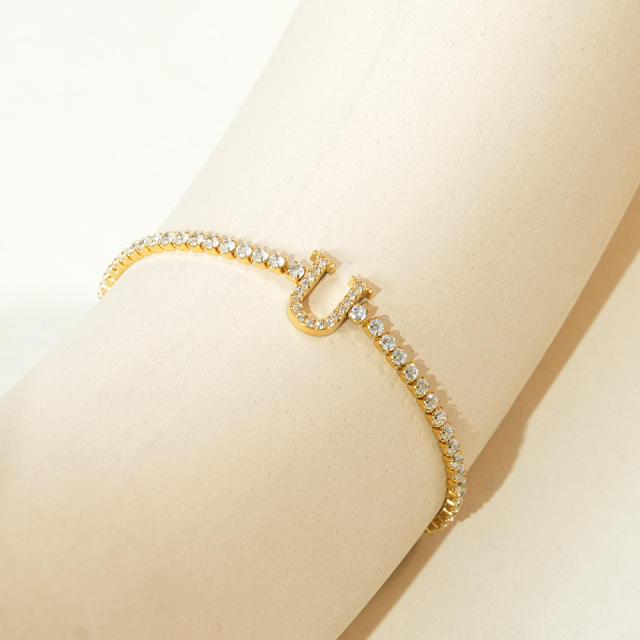 Diamond initial letter tennis chain bracelet stainless steel bracelet