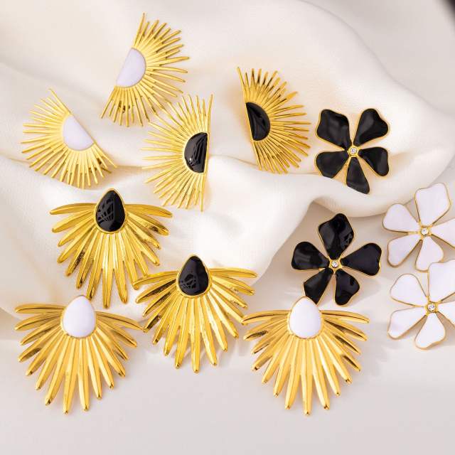 Unique white enamel sunflower stainless steel earrings big earrings