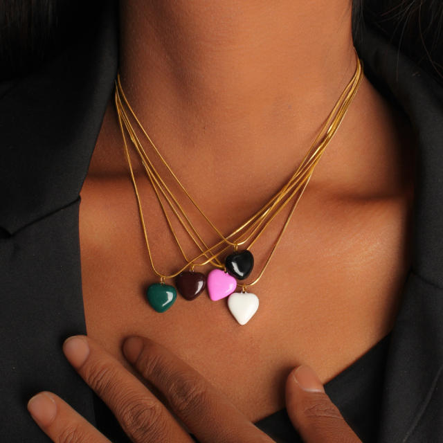 Elegant color enamel heart pendant stainless steel necklace