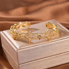 Delicate diamond clover gold plated copper cuff bangle