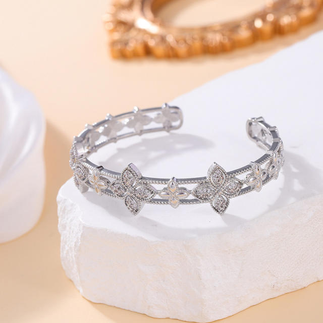 Delicate diamond clover gold plated copper cuff bangle