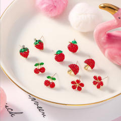 925 Silver Needle red diamond apple mushroom strawberry cherry studs earrings
