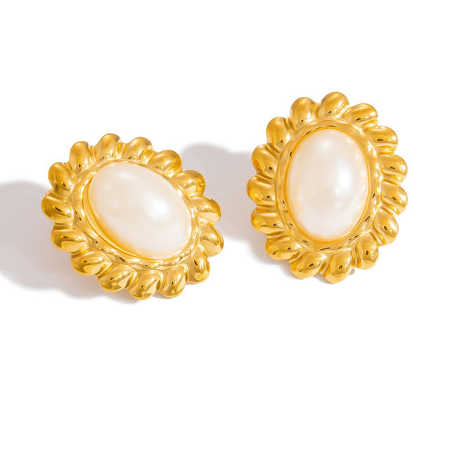 Easy match no-fading pearl stainless steel earrings big earrings