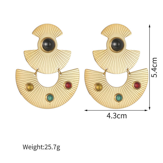Boho colorful natural stone statement stainless steel earrings fan earrings