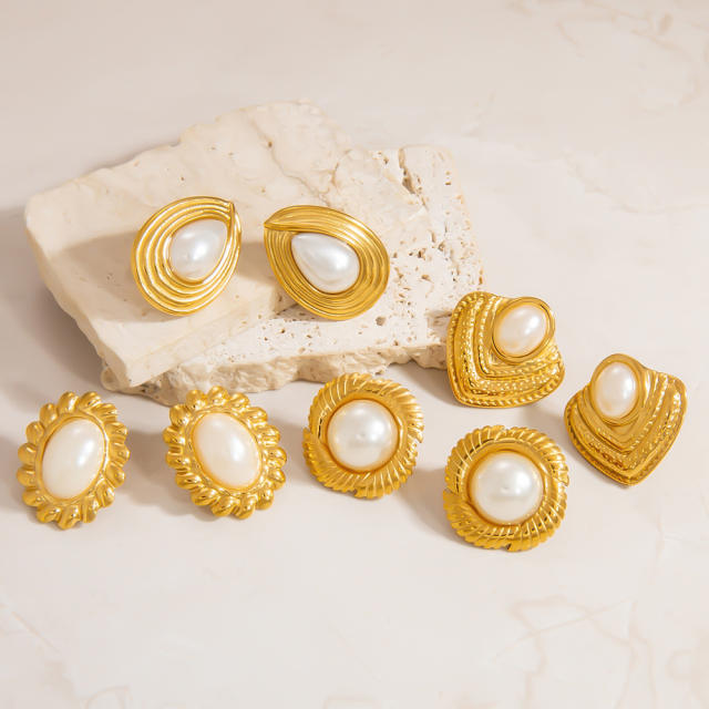 Easy match no-fading pearl stainless steel earrings big earrings
