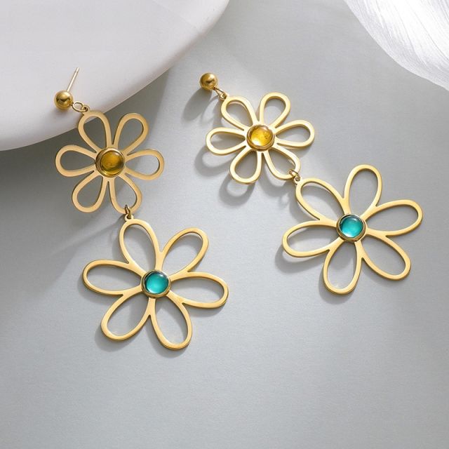 Spring summer natural stone opalstone statement hollow flower dangle earrings stainless steel earrings