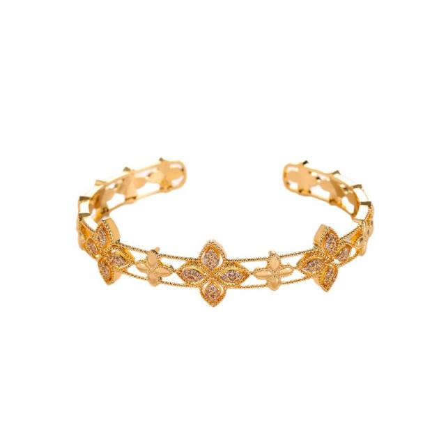 Delicate diamond clover gold plated copper cuff bangle