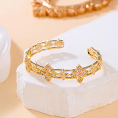 Delicate diamond clover gold plated copper cuff bangle
