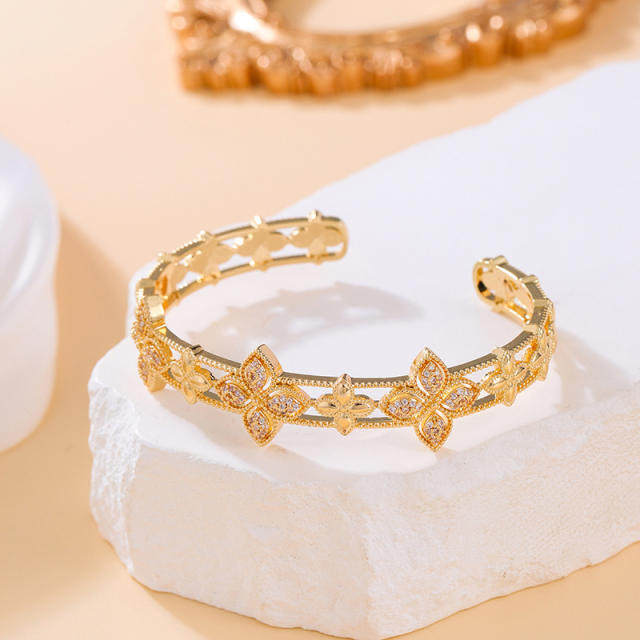 Delicate diamond clover gold plated copper cuff bangle